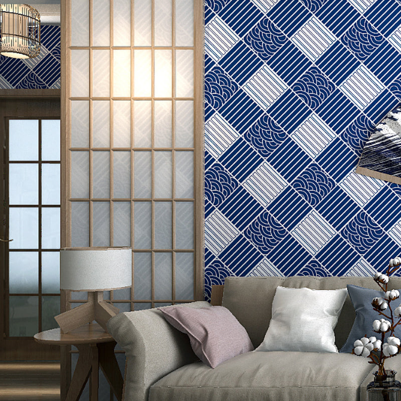 Japanese Ukiyoe Wallpaper Square and Stripes Non-Pasted Wall Covering, 31 ft. x 20.5 in, Blue and White Clearhalo 'Wall Decor' 'Wallpaper' 887974