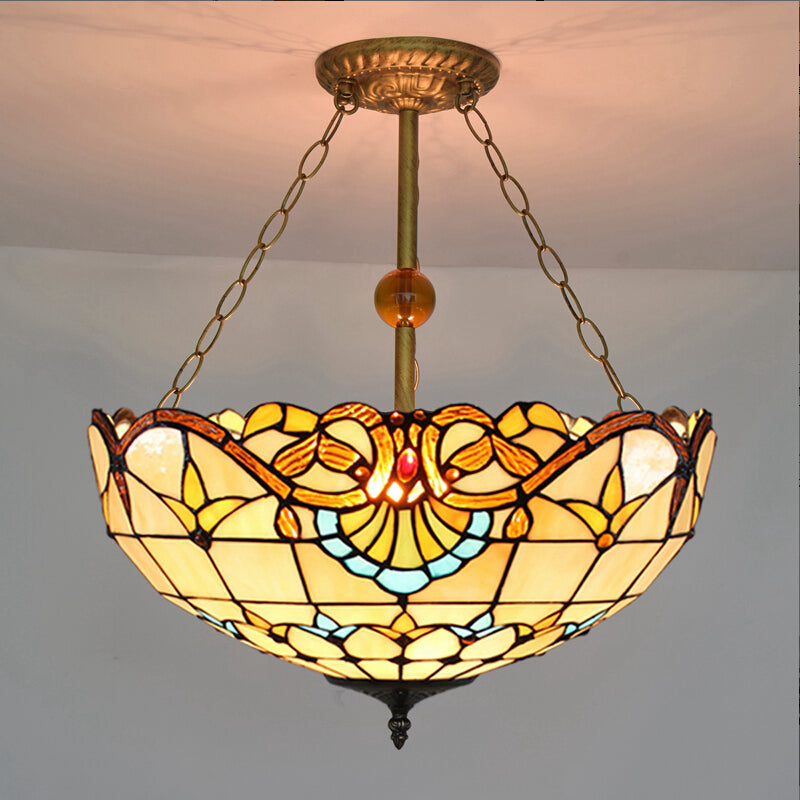 Baroque Bowl Semi Flush Mount Light Stained Glass 3 Lights Semi Flush Light in Brass Beige Clearhalo 'Ceiling Lights' 'Close To Ceiling Lights' 'Close to ceiling' 'Glass shade' 'Glass' 'Pendant Lights' 'Semi-flushmount' 'Tiffany close to ceiling' 'Tiffany' Lighting' 88820