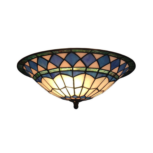 Mediterranean Tiffany Bowl Flush Light Blue Glass Handmade Ceiling Light for Foyer Blue Clearhalo 'Ceiling Lights' 'Close To Ceiling Lights' 'Close to ceiling' 'Flush mount' Lighting' 88843