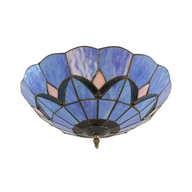 3 Bulbs Bowl Flush Ceiling Light Tiffany Traditional Blue Glass Ceiling Lamp for Bedroom Clearhalo 'Ceiling Lights' 'Close To Ceiling Lights' 'Close to ceiling' 'Flush mount' Lighting' 88846