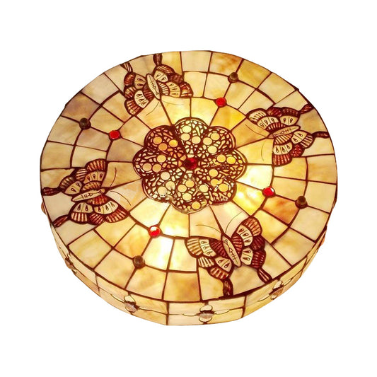 Drum Flushmount with Butterfly Rustic Lodge Beige Glass 4 Bulbs Ceiling Flush Light Beige Clearhalo 'Ceiling Lights' 'Close To Ceiling Lights' 'Close to ceiling' 'Flush mount' Lighting' 88862