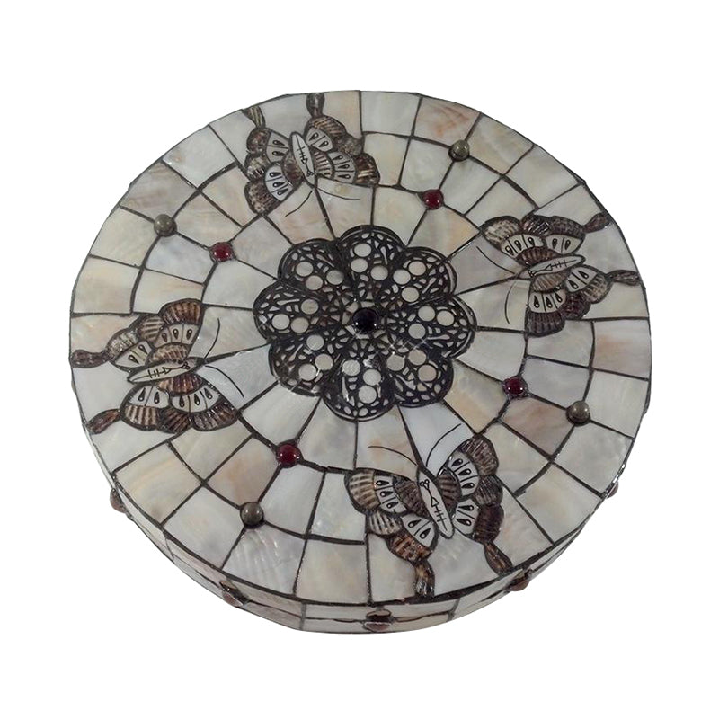 Drum Flushmount with Butterfly Rustic Lodge Beige Glass 4 Bulbs Ceiling Flush Light Clearhalo 'Ceiling Lights' 'Close To Ceiling Lights' 'Close to ceiling' 'Flush mount' Lighting' 88863