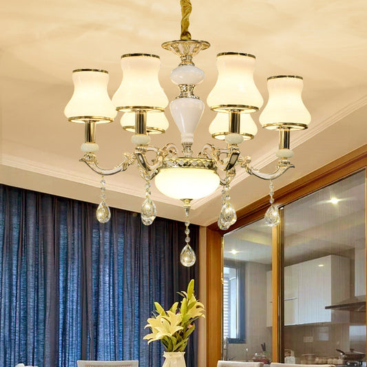 Milk Glass Gold Ceiling Chandelier Curved Arm 6 Lights Contemporary Crystal Pendant Lighting Gold Clearhalo 'Ceiling Lights' 'Chandeliers' 'Modern Chandeliers' 'Modern' Lighting' 888871