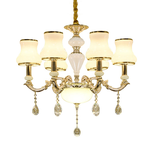 Milk Glass Gold Ceiling Chandelier Curved Arm 6 Lights Contemporary Crystal Pendant Lighting Clearhalo 'Ceiling Lights' 'Chandeliers' 'Modern Chandeliers' 'Modern' Lighting' 888873