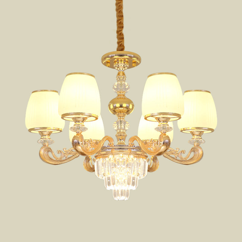 Carved Arm Bedroom Chandelier Modernism Milk Glass 6 Bulbs Gold Crystal Hanging Light Clearhalo 'Ceiling Lights' 'Chandeliers' 'Modern Chandeliers' 'Modern' Lighting' 888877