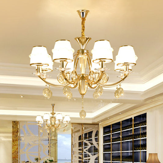 Cut Crystal Conical Hanging Lamp Modern 8 Lights Living Room Chandelier in Gold with White Glass Shade Gold Clearhalo 'Ceiling Lights' 'Chandeliers' 'Modern Chandeliers' 'Modern' Lighting' 888888