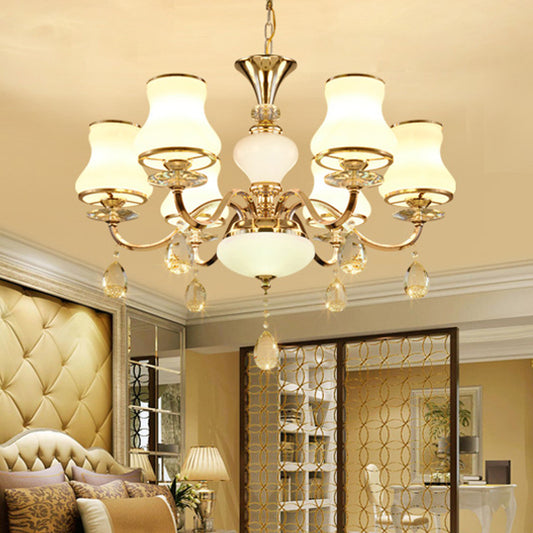 Champagne Bell Hanging Chandelier Simple Opal Glass 6-Light Bedroom Crystal Ceiling Light Champagne Clearhalo 'Ceiling Lights' 'Chandeliers' 'Modern Chandeliers' 'Modern' Lighting' 888908