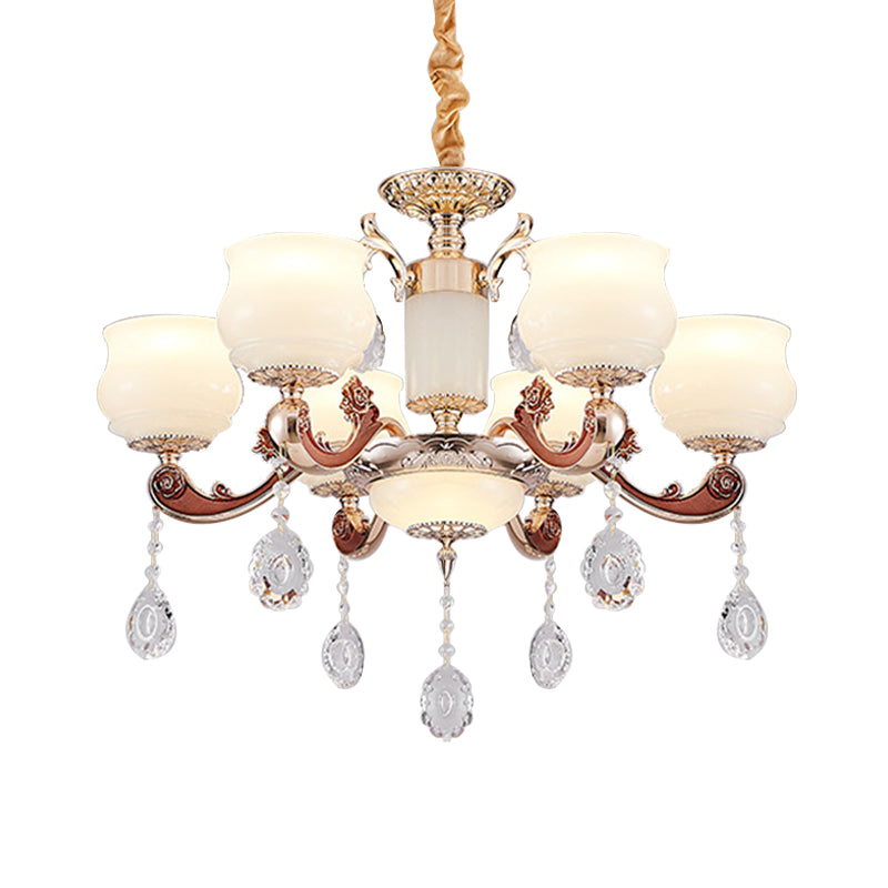 Simplicity Bud Pendant Lighting 6 Bulbs Milk Glass Crystal Chandelier Light Fixture in Champagne Clearhalo 'Ceiling Lights' 'Chandeliers' 'Modern Chandeliers' 'Modern' Lighting' 888917