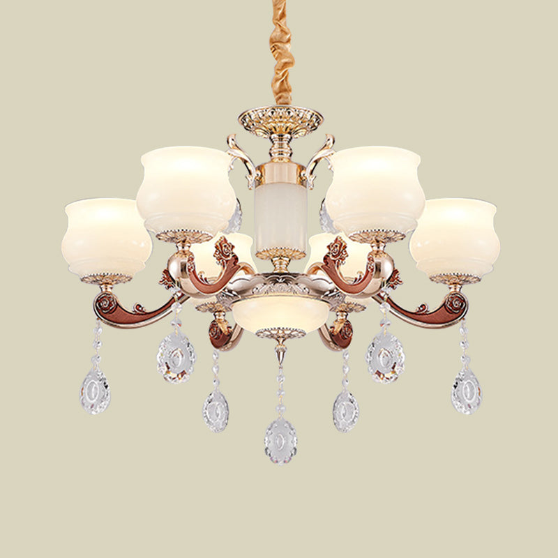 Simplicity Bud Pendant Lighting 6 Bulbs Milk Glass Crystal Chandelier Light Fixture in Champagne Clearhalo 'Ceiling Lights' 'Chandeliers' 'Modern Chandeliers' 'Modern' Lighting' 888918