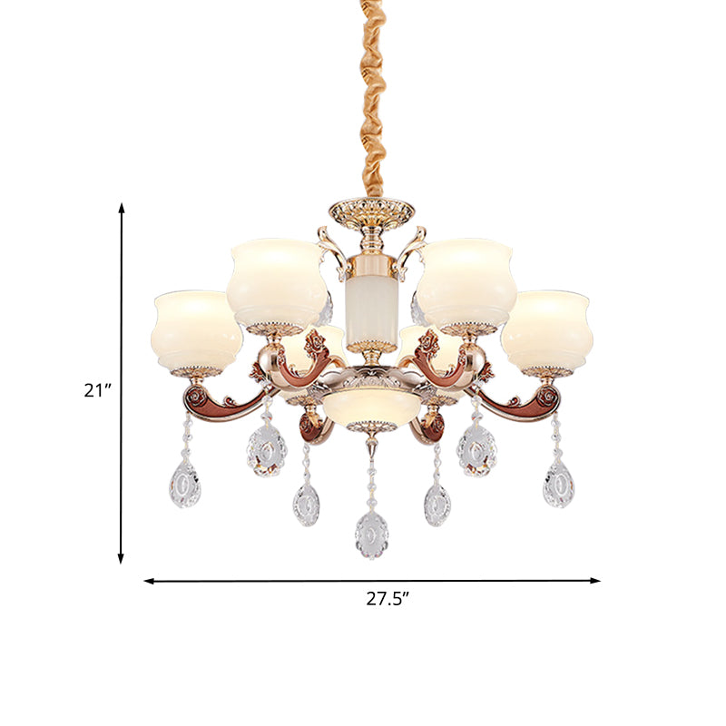 Simplicity Bud Pendant Lighting 6 Bulbs Milk Glass Crystal Chandelier Light Fixture in Champagne Clearhalo 'Ceiling Lights' 'Chandeliers' 'Modern Chandeliers' 'Modern' Lighting' 888919