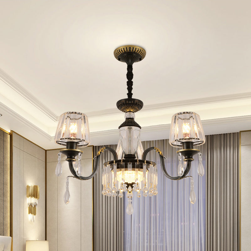 Black 3/8-Bulb Ceiling Chandelier Simplicity Clear Crystal Glass Cone Hanging Pendant Light 3 Black Clearhalo 'Ceiling Lights' 'Chandeliers' 'Modern Chandeliers' 'Modern' Lighting' 888920