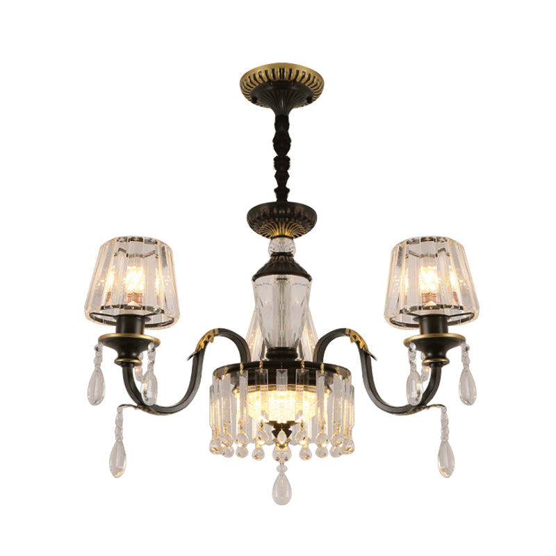 Black 3/8-Bulb Ceiling Chandelier Simplicity Clear Crystal Glass Cone Hanging Pendant Light Clearhalo 'Ceiling Lights' 'Chandeliers' 'Modern Chandeliers' 'Modern' Lighting' 888922