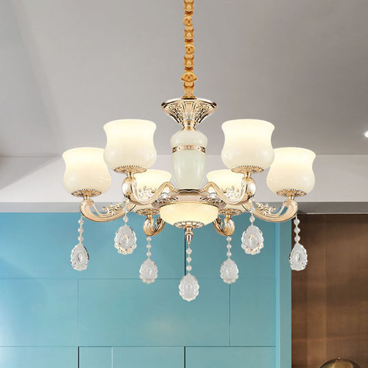 Jade Bud Chandelier Lighting Modern 6 Lights Bedroom Crystal Ceiling Suspension Lamp in Gold Gold Clearhalo 'Ceiling Lights' 'Chandeliers' 'Modern Chandeliers' 'Modern' Lighting' 888929