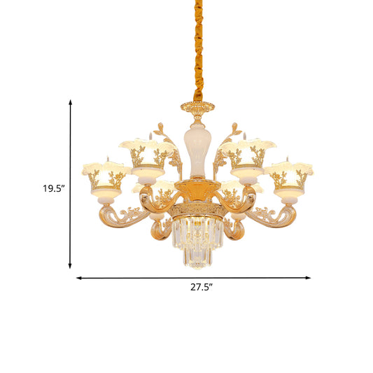 6 Bulbs Pendant Modern Bedroom Crystal Chandelier with Carved Frosted Glass Shade in Gold Clearhalo 'Ceiling Lights' 'Chandeliers' 'Modern Chandeliers' 'Modern' Lighting' 888936