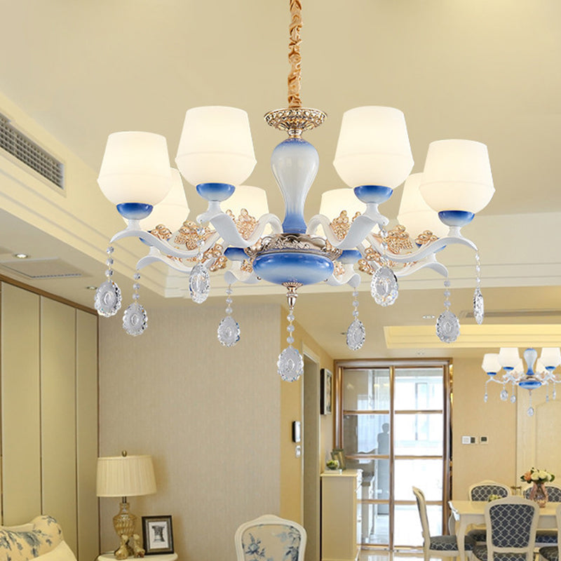 Modern Tapered Pendant Chandelier 8 Bulbs Ivory Glass Crystal Suspension Light in Blue and White Blue-White Clearhalo 'Ceiling Lights' 'Chandeliers' 'Modern Chandeliers' 'Modern' Lighting' 888941