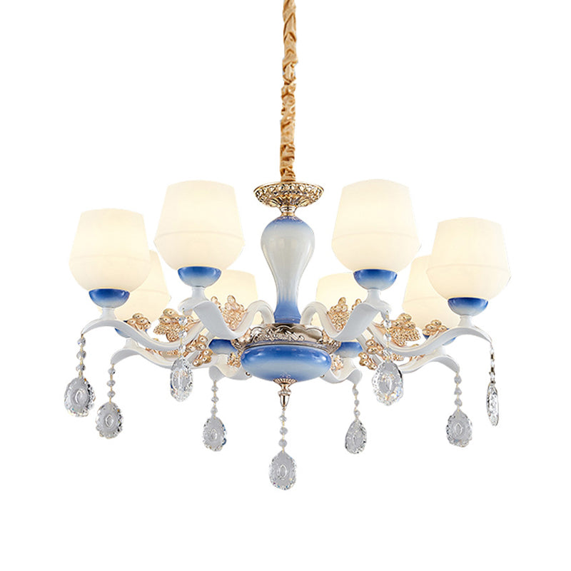 Modern Tapered Pendant Chandelier 8 Bulbs Ivory Glass Crystal Suspension Light in Blue and White Clearhalo 'Ceiling Lights' 'Chandeliers' 'Modern Chandeliers' 'Modern' Lighting' 888942