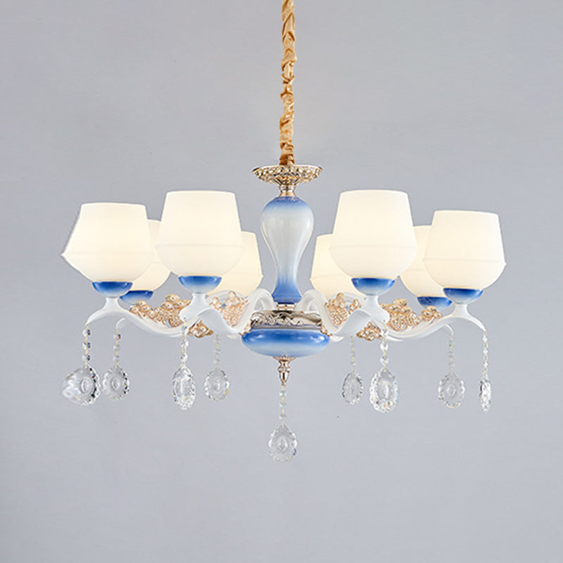 Modern Tapered Pendant Chandelier 8 Bulbs Ivory Glass Crystal Suspension Light in Blue and White Clearhalo 'Ceiling Lights' 'Chandeliers' 'Modern Chandeliers' 'Modern' Lighting' 888943