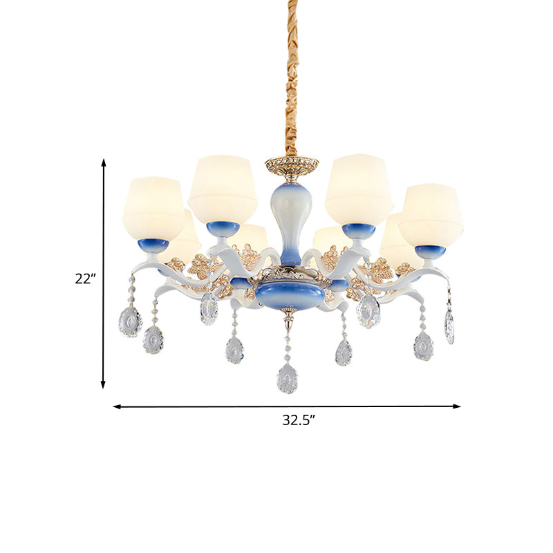 Modern Tapered Pendant Chandelier 8 Bulbs Ivory Glass Crystal Suspension Light in Blue and White Clearhalo 'Ceiling Lights' 'Chandeliers' 'Modern Chandeliers' 'Modern' Lighting' 888944