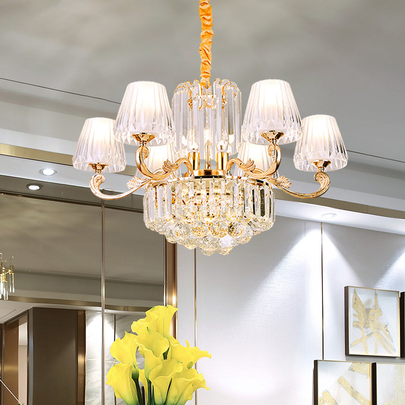 Clear Crystal Barrel Hanging Pendant Contemporary 6 Lights Restaurant Chandelier in Gold Gold Clearhalo 'Ceiling Lights' 'Chandeliers' 'Modern Chandeliers' 'Modern' Lighting' 888949