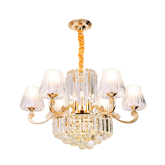 Clear Crystal Barrel Hanging Pendant Contemporary 6 Lights Restaurant Chandelier in Gold Clearhalo 'Ceiling Lights' 'Chandeliers' 'Modern Chandeliers' 'Modern' Lighting' 888950