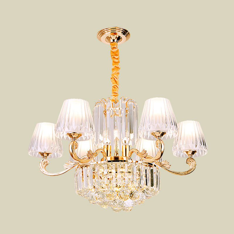 Clear Crystal Barrel Hanging Pendant Contemporary 6 Lights Restaurant Chandelier in Gold Clearhalo 'Ceiling Lights' 'Chandeliers' 'Modern Chandeliers' 'Modern' Lighting' 888951