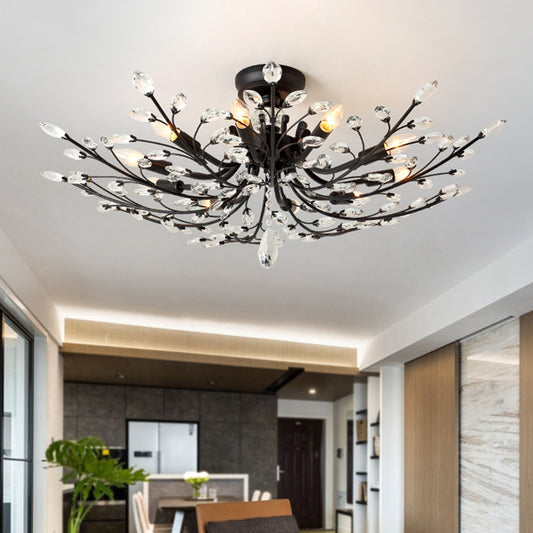 Branch Beveled Crystal Semi Flush Minimalism 10 Heads Living Room Flush Mount in Black Black Clearhalo 'Ceiling Lights' 'Close To Ceiling Lights' 'Close to ceiling' 'Semi-flushmount' Lighting' 888961