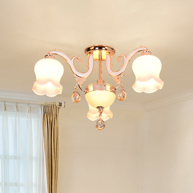 Bloom Dining Room Ceiling Light Simplicity Cream Glass 4 Heads Gold Crystal Semi Flush Clearhalo 'Ceiling Lights' 'Close To Ceiling Lights' 'Close to ceiling' 'Semi-flushmount' Lighting' 888986