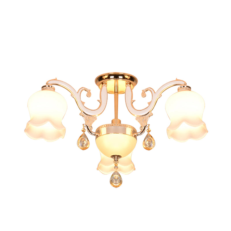 Bloom Dining Room Ceiling Light Simplicity Cream Glass 4 Heads Gold Crystal Semi Flush Clearhalo 'Ceiling Lights' 'Close To Ceiling Lights' 'Close to ceiling' 'Semi-flushmount' Lighting' 888987