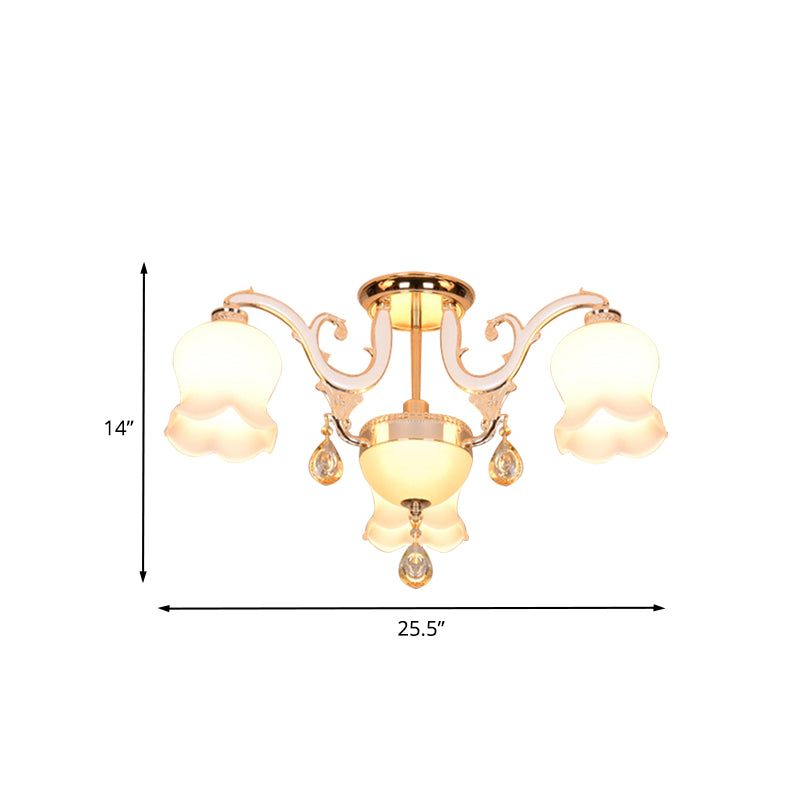 Bloom Dining Room Ceiling Light Simplicity Cream Glass 4 Heads Gold Crystal Semi Flush Clearhalo 'Ceiling Lights' 'Close To Ceiling Lights' 'Close to ceiling' 'Semi-flushmount' Lighting' 888988