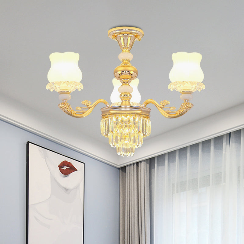 Cream Glass Flower Ceiling Flush Modern 3/6 Lights Bedroom Crystal Semi Flush Light in Gold 3 Gold Clearhalo 'Ceiling Lights' 'Close To Ceiling Lights' 'Close to ceiling' 'Semi-flushmount' Lighting' 888989