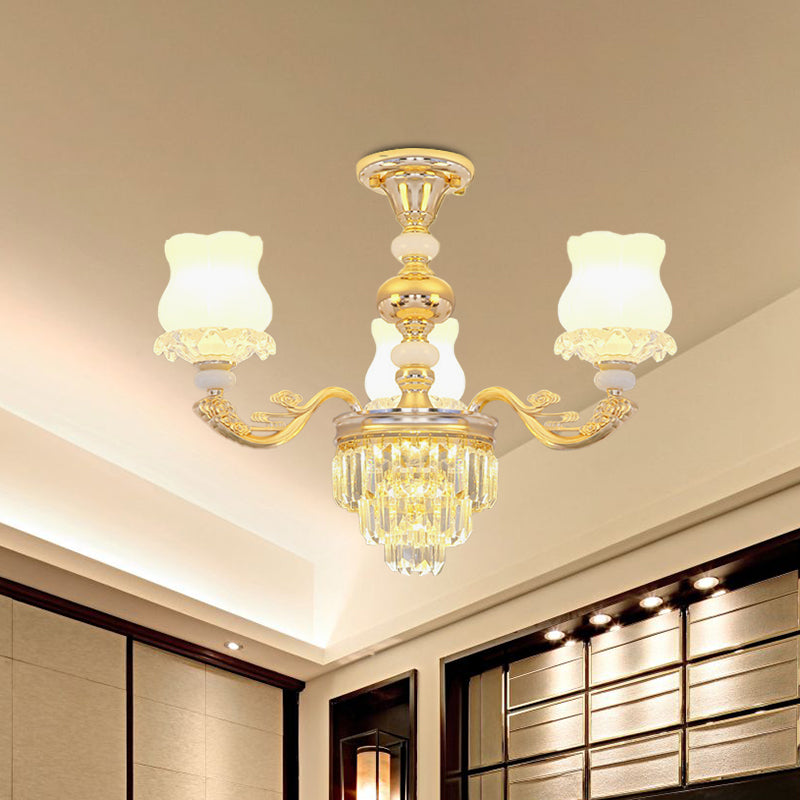 Cream Glass Flower Ceiling Flush Modern 3/6 Lights Bedroom Crystal Semi Flush Light in Gold Clearhalo 'Ceiling Lights' 'Close To Ceiling Lights' 'Close to ceiling' 'Semi-flushmount' Lighting' 888990