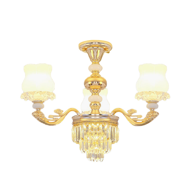 Cream Glass Flower Ceiling Flush Modern 3/6 Lights Bedroom Crystal Semi Flush Light in Gold Clearhalo 'Ceiling Lights' 'Close To Ceiling Lights' 'Close to ceiling' 'Semi-flushmount' Lighting' 888991