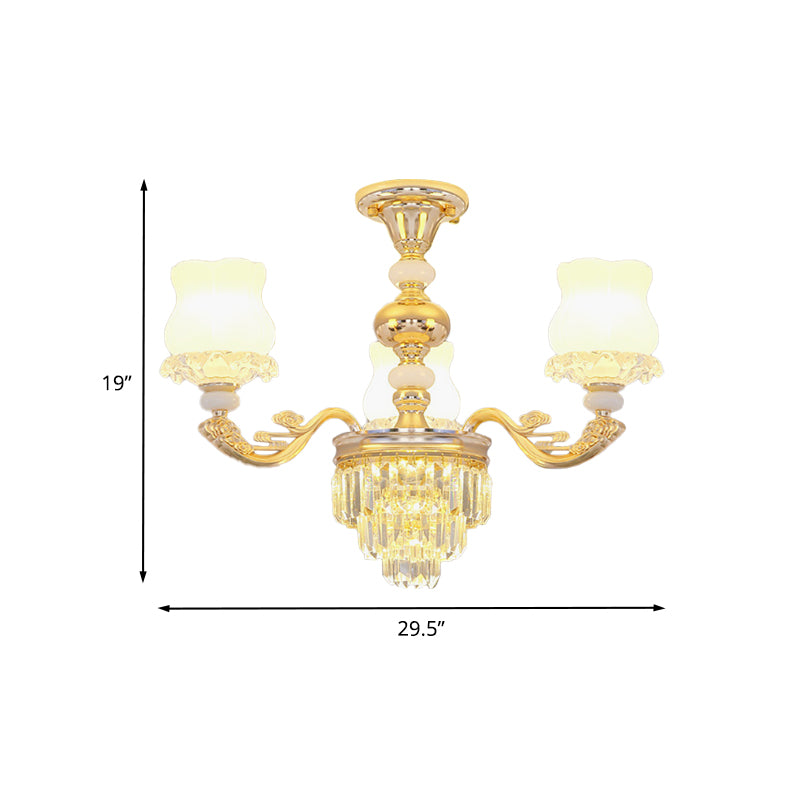 Cream Glass Flower Ceiling Flush Modern 3/6 Lights Bedroom Crystal Semi Flush Light in Gold Clearhalo 'Ceiling Lights' 'Close To Ceiling Lights' 'Close to ceiling' 'Semi-flushmount' Lighting' 888992