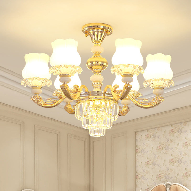 Cream Glass Flower Ceiling Flush Modern 3/6 Lights Bedroom Crystal Semi Flush Light in Gold 6 Gold Clearhalo 'Ceiling Lights' 'Close To Ceiling Lights' 'Close to ceiling' 'Semi-flushmount' Lighting' 888993