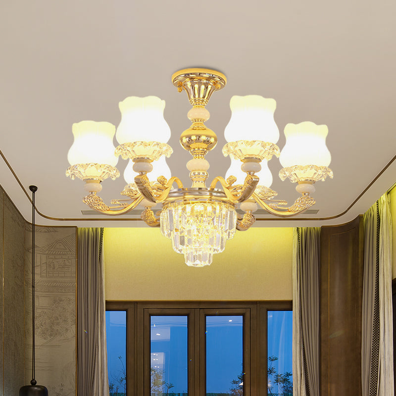 Cream Glass Flower Ceiling Flush Modern 3/6 Lights Bedroom Crystal Semi Flush Light in Gold Clearhalo 'Ceiling Lights' 'Close To Ceiling Lights' 'Close to ceiling' 'Semi-flushmount' Lighting' 888994