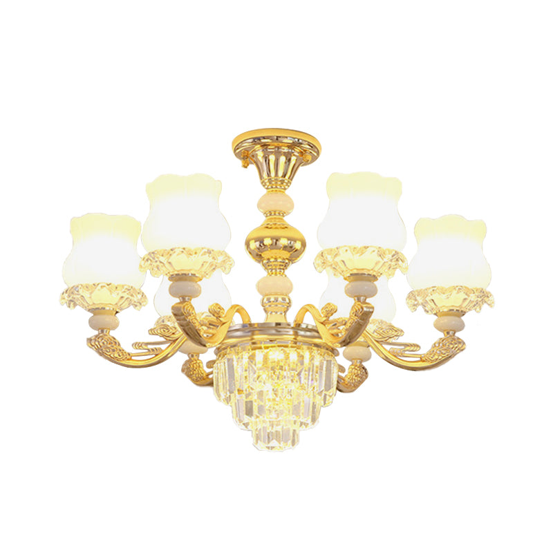 Cream Glass Flower Ceiling Flush Modern 3/6 Lights Bedroom Crystal Semi Flush Light in Gold Clearhalo 'Ceiling Lights' 'Close To Ceiling Lights' 'Close to ceiling' 'Semi-flushmount' Lighting' 888995