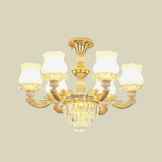 Cream Glass Flower Ceiling Flush Modern 3/6 Lights Bedroom Crystal Semi Flush Light in Gold Clearhalo 'Ceiling Lights' 'Close To Ceiling Lights' 'Close to ceiling' 'Semi-flushmount' Lighting' 888996