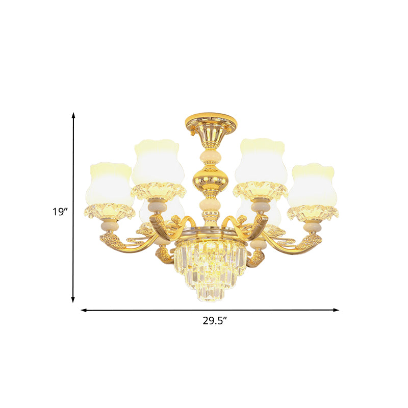 Cream Glass Flower Ceiling Flush Modern 3/6 Lights Bedroom Crystal Semi Flush Light in Gold Clearhalo 'Ceiling Lights' 'Close To Ceiling Lights' 'Close to ceiling' 'Semi-flushmount' Lighting' 888997