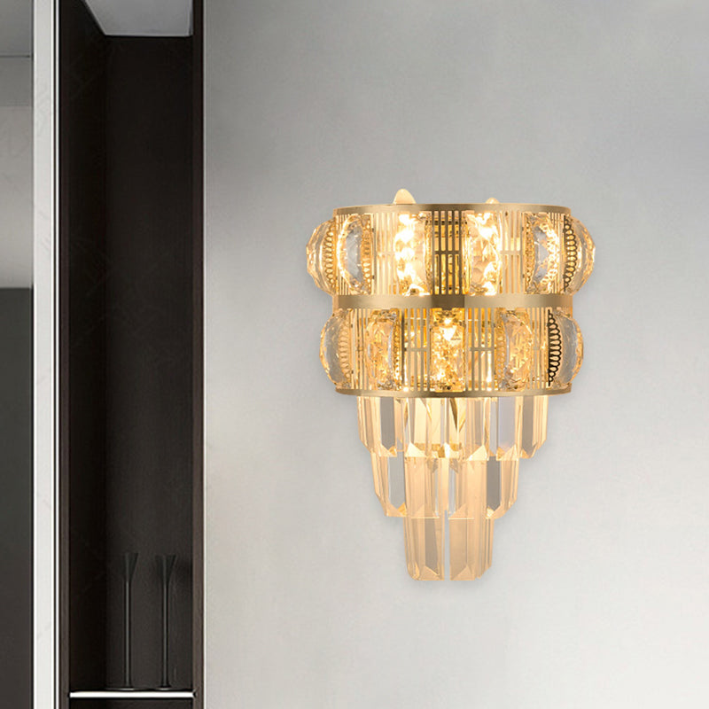 3-Bulb Wall Lamp Modern Layered Clear K9 Crystal Wall Sconce Lighting Fixture in Gold Gold Clearhalo 'Cast Iron' 'Glass' 'Industrial' 'Modern wall lights' 'Modern' 'Tiffany' 'Traditional wall lights' 'Wall Lamps & Sconces' 'Wall Lights' Lighting' 889002