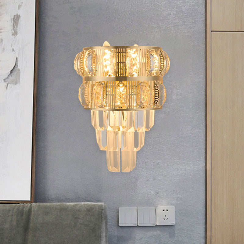 3-Bulb Wall Lamp Modern Layered Clear K9 Crystal Wall Sconce Lighting Fixture in Gold Clearhalo 'Cast Iron' 'Glass' 'Industrial' 'Modern wall lights' 'Modern' 'Tiffany' 'Traditional wall lights' 'Wall Lamps & Sconces' 'Wall Lights' Lighting' 889003