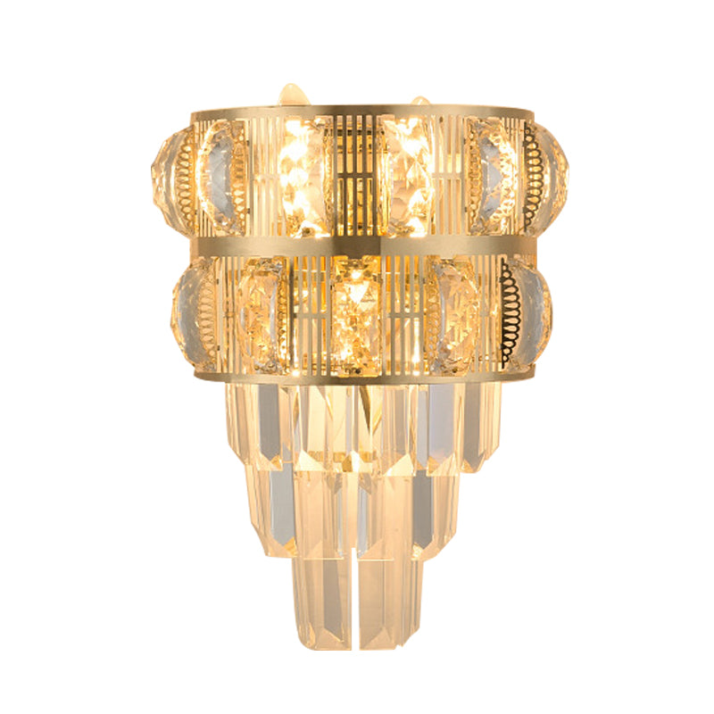 3-Bulb Wall Lamp Modern Layered Clear K9 Crystal Wall Sconce Lighting Fixture in Gold Clearhalo 'Cast Iron' 'Glass' 'Industrial' 'Modern wall lights' 'Modern' 'Tiffany' 'Traditional wall lights' 'Wall Lamps & Sconces' 'Wall Lights' Lighting' 889004