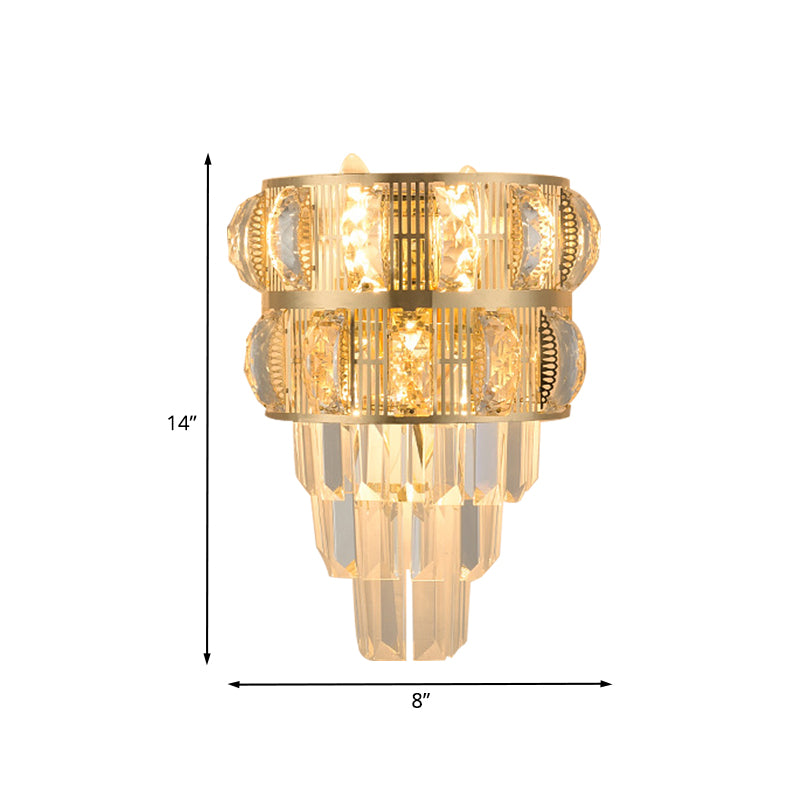 3-Bulb Wall Lamp Modern Layered Clear K9 Crystal Wall Sconce Lighting Fixture in Gold Clearhalo 'Cast Iron' 'Glass' 'Industrial' 'Modern wall lights' 'Modern' 'Tiffany' 'Traditional wall lights' 'Wall Lamps & Sconces' 'Wall Lights' Lighting' 889005