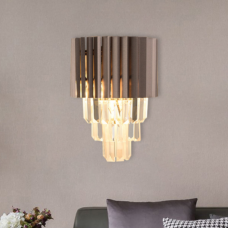 Tiered K9 Crystal Wall Light Modernism 2 Heads Bedroom Wall Mounted Lighting in Black Clearhalo 'Cast Iron' 'Glass' 'Industrial' 'Modern wall lights' 'Modern' 'Tiffany' 'Traditional wall lights' 'Wall Lamps & Sconces' 'Wall Lights' Lighting' 889007