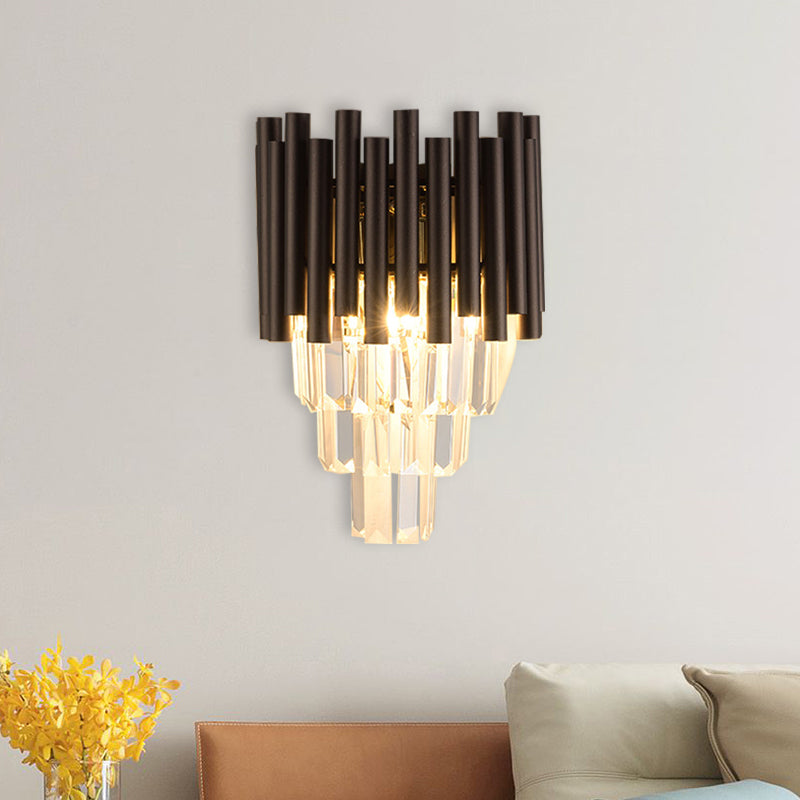 Coffee Layered Wall Lighting Fixture Modernist Clear Crystal 2 Lights Bedroom Wall Mount Light Coffee Clearhalo 'Cast Iron' 'Glass' 'Industrial' 'Modern wall lights' 'Modern' 'Tiffany' 'Traditional wall lights' 'Wall Lamps & Sconces' 'Wall Lights' Lighting' 889010