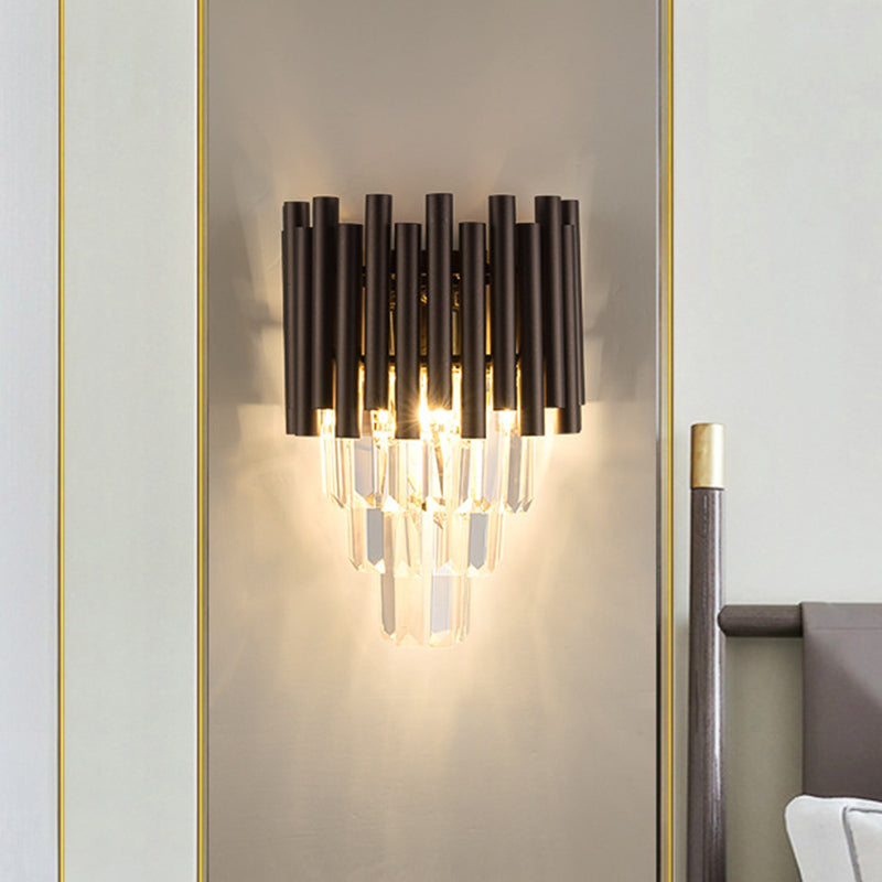 Coffee Layered Wall Lighting Fixture Modernist Clear Crystal 2 Lights Bedroom Wall Mount Light Clearhalo 'Cast Iron' 'Glass' 'Industrial' 'Modern wall lights' 'Modern' 'Tiffany' 'Traditional wall lights' 'Wall Lamps & Sconces' 'Wall Lights' Lighting' 889011