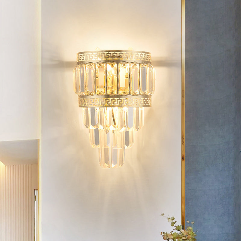 Crystal Tiered Wall Mount Lighting Contemporary 3-Head Bedroom Sconce Light in Gold Gold Clearhalo 'Cast Iron' 'Glass' 'Industrial' 'Modern wall lights' 'Modern' 'Tiffany' 'Traditional wall lights' 'Wall Lamps & Sconces' 'Wall Lights' Lighting' 889014
