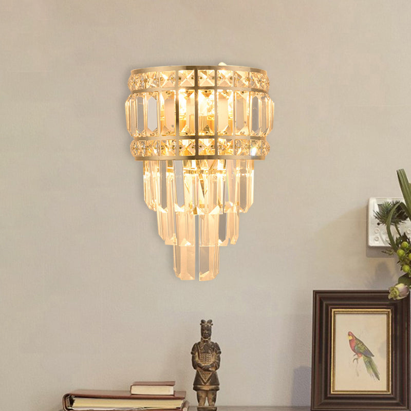 Minimalist Layered Wall Lamp 3-Light Clear K9 Crystal Wall Mounted Light Fixture in Gold Gold Clearhalo 'Cast Iron' 'Glass' 'Industrial' 'Modern wall lights' 'Modern' 'Tiffany' 'Traditional wall lights' 'Wall Lamps & Sconces' 'Wall Lights' Lighting' 889018