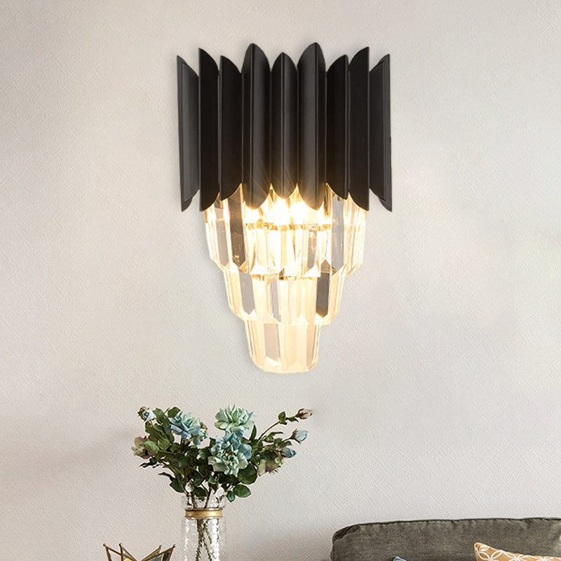 2-Head Wall Light Minimalism Bedroom Wall Lighting with Tiered Crystal Shade in Black Black Clearhalo 'Cast Iron' 'Glass' 'Industrial' 'Modern wall lights' 'Modern' 'Tiffany' 'Traditional wall lights' 'Wall Lamps & Sconces' 'Wall Lights' Lighting' 889022