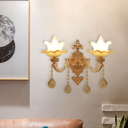 Swooping Arm Crystal Wall Sconce 2 Bulbs Living Room Wall Lamp in Gold with Frosted Glass Shade Gold Clearhalo 'Modern wall lights' 'Modern' 'Wall Lamps & Sconces' 'Wall Lights' Lighting' 889026