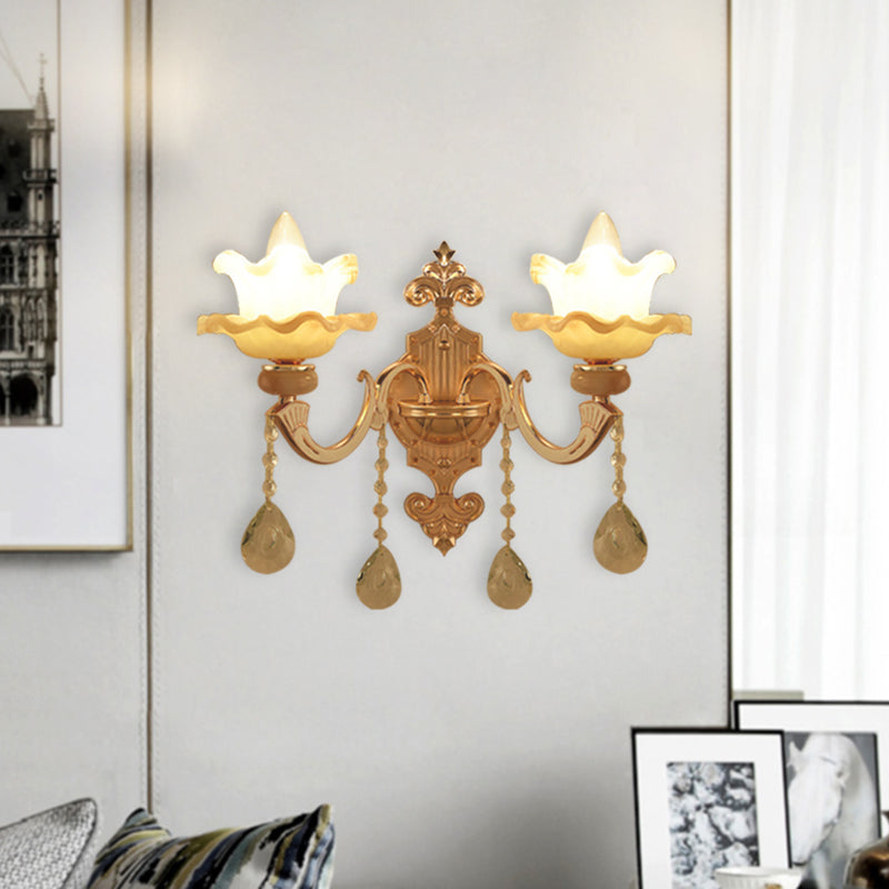 Swooping Arm Crystal Wall Sconce 2 Bulbs Living Room Wall Lamp in Gold with Frosted Glass Shade Clearhalo 'Modern wall lights' 'Modern' 'Wall Lamps & Sconces' 'Wall Lights' Lighting' 889027